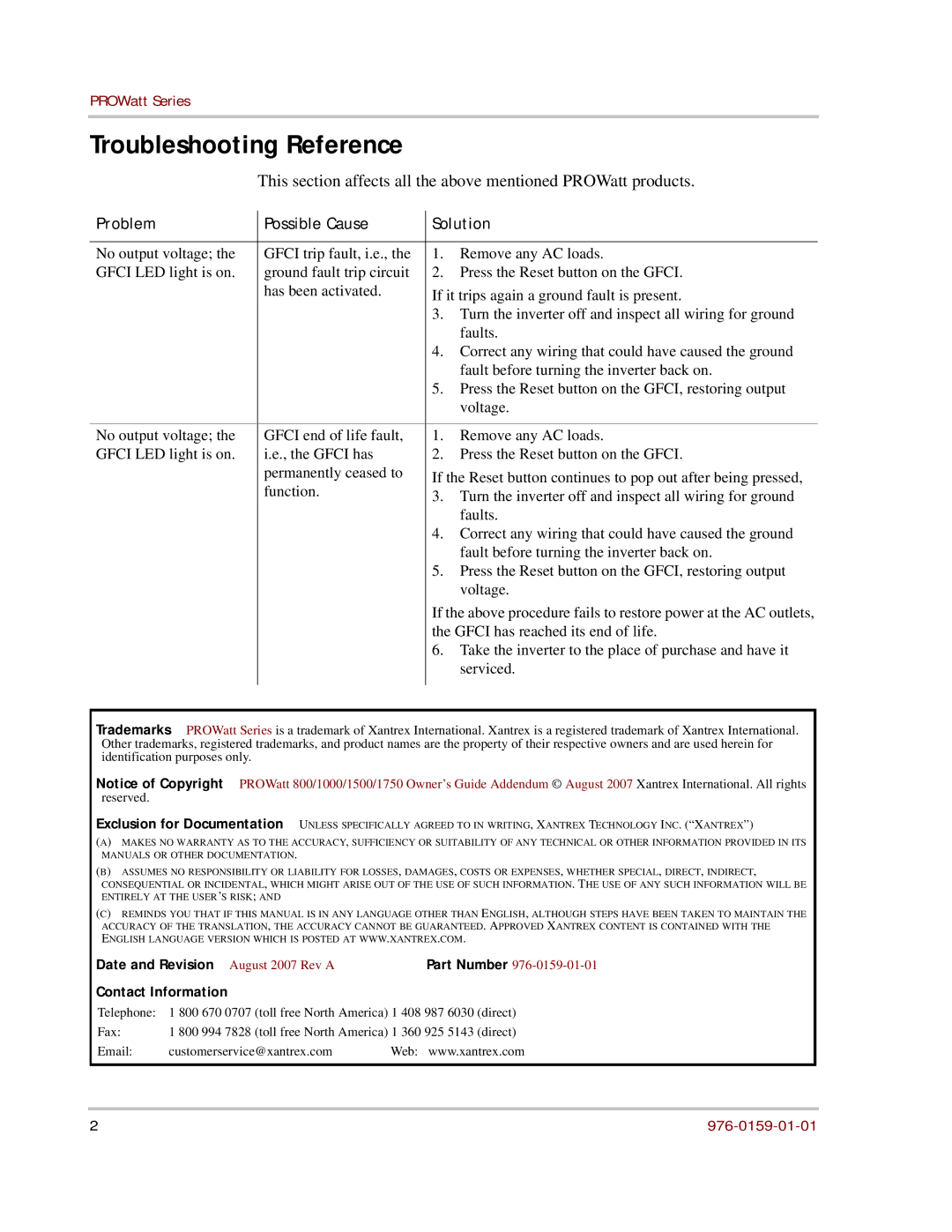 Xantrex Technology 1750 Troubleshooting Reference, Problem Possible Cause Solution, Date and Revision August 2007 Rev a 