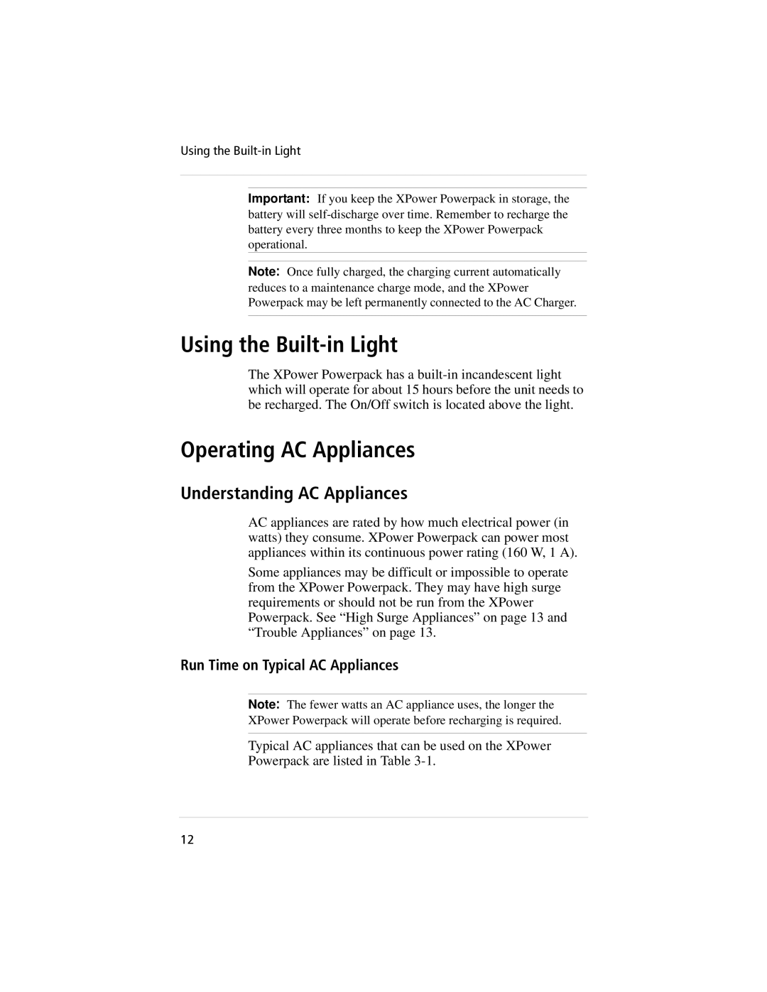 Xantrex Technology 800, 400 manual Using the Built-in Light, Operating AC Appliances, Understanding AC Appliances 