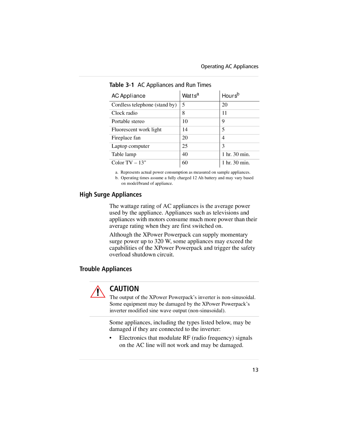 Xantrex Technology 400, 800 manual 1AC Appliances and Run Times, AC Appliance Wattsa Hoursb 