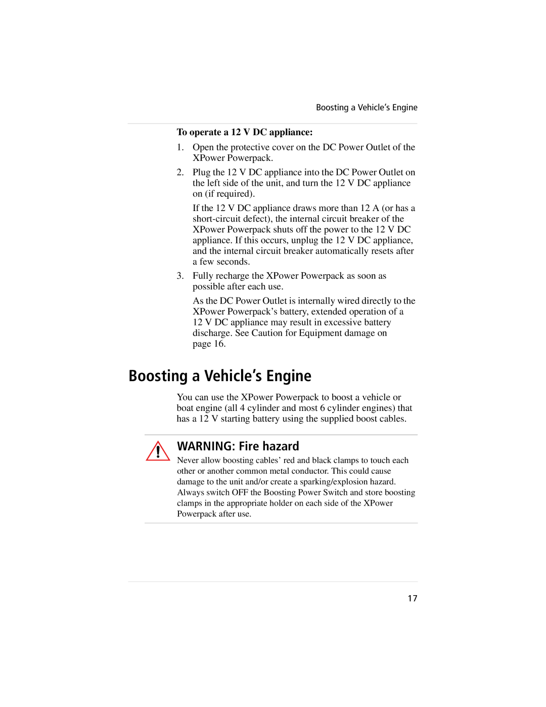 Xantrex Technology 400, 800 manual Boosting a Vehicle’s Engine, To operate a 12 V DC appliance 