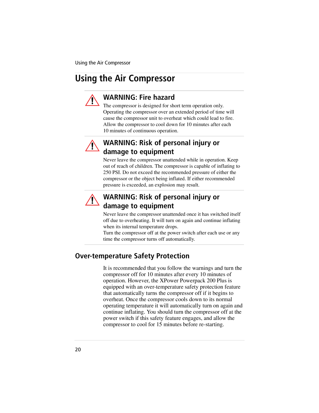 Xantrex Technology 800, 400 manual Using the Air Compressor, Over-temperature Safety Protection 