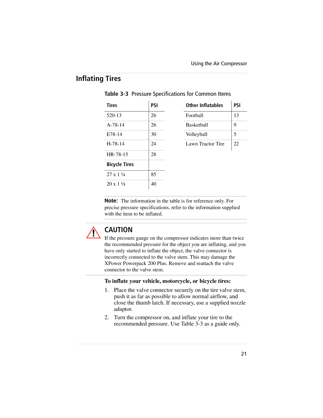Xantrex Technology 400, 800 manual Inflating Tires, To inflate your vehicle, motorcycle, or bicycle tires 