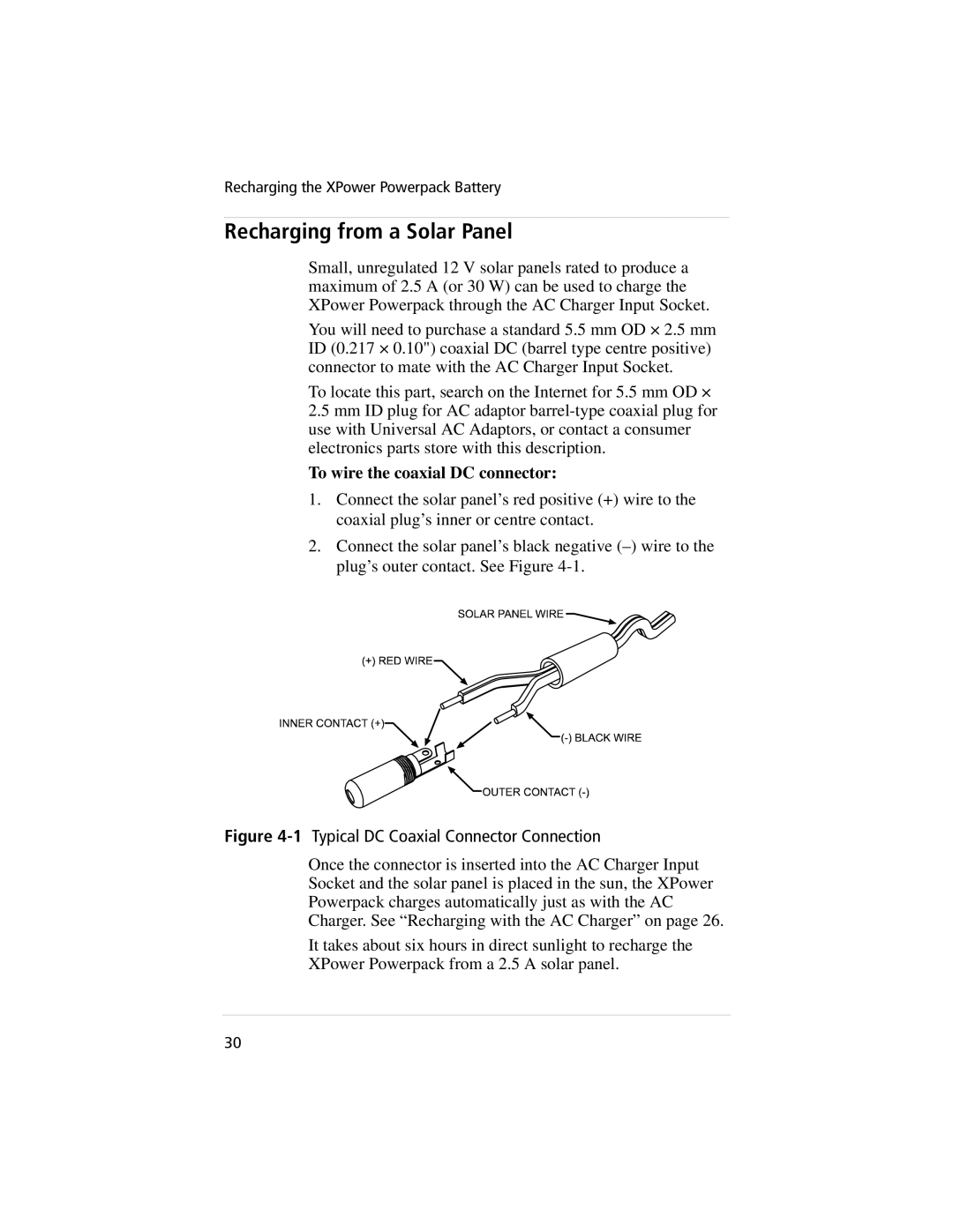 Xantrex Technology 800, 400 manual Recharging from a Solar Panel, To wire the coaxial DC connector 
