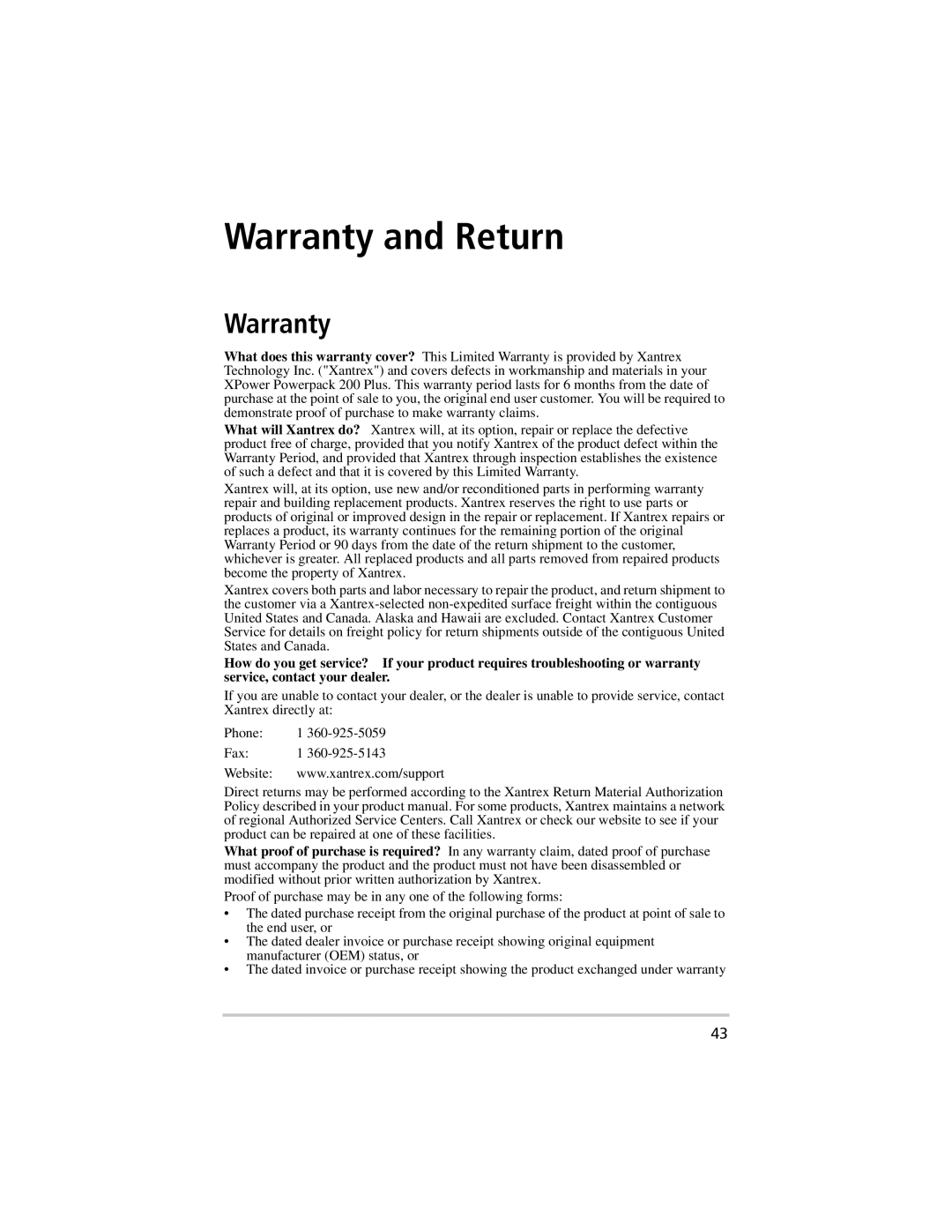 Xantrex Technology 400, 800 manual Warranty and Return 