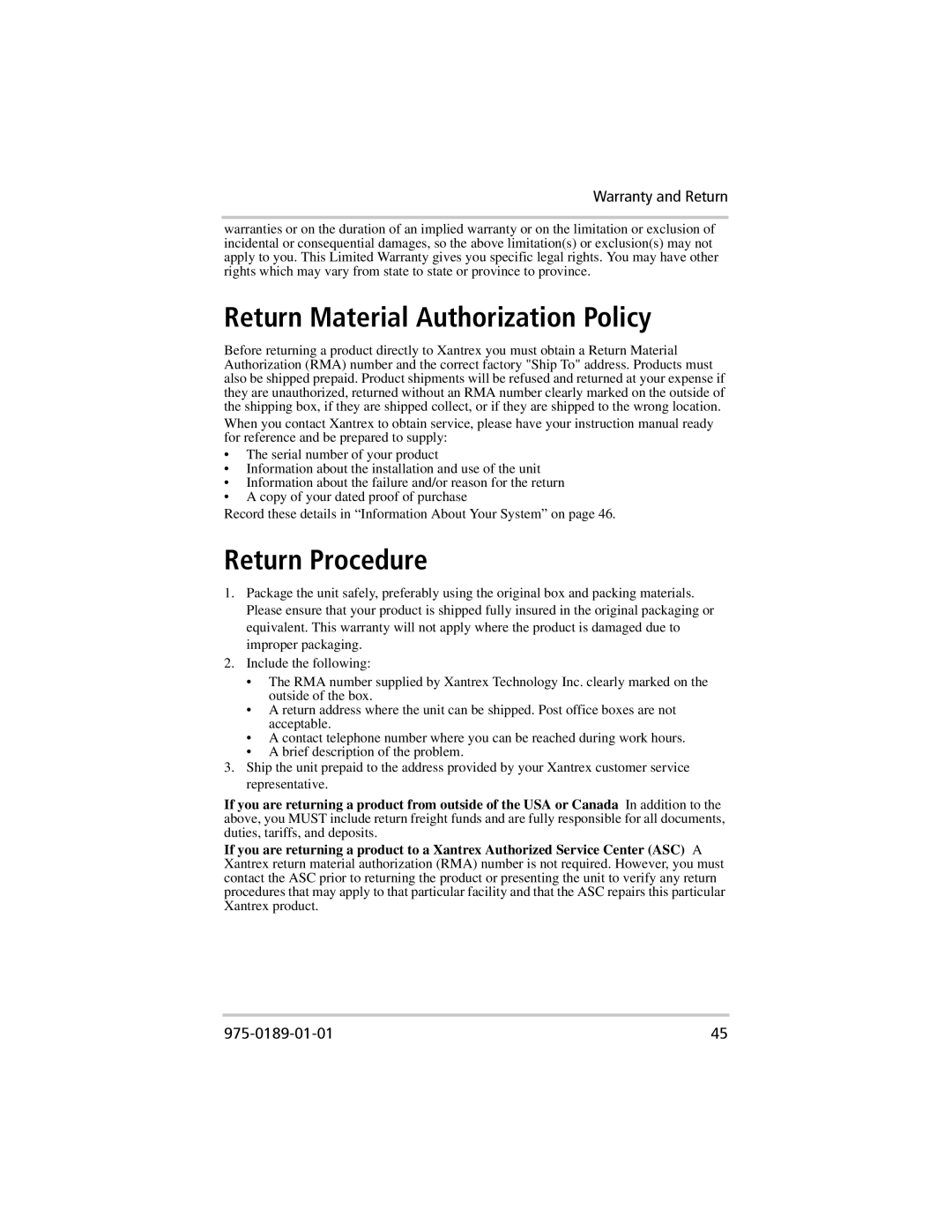 Xantrex Technology 400, 800 manual Return Material Authorization Policy, Return Procedure 