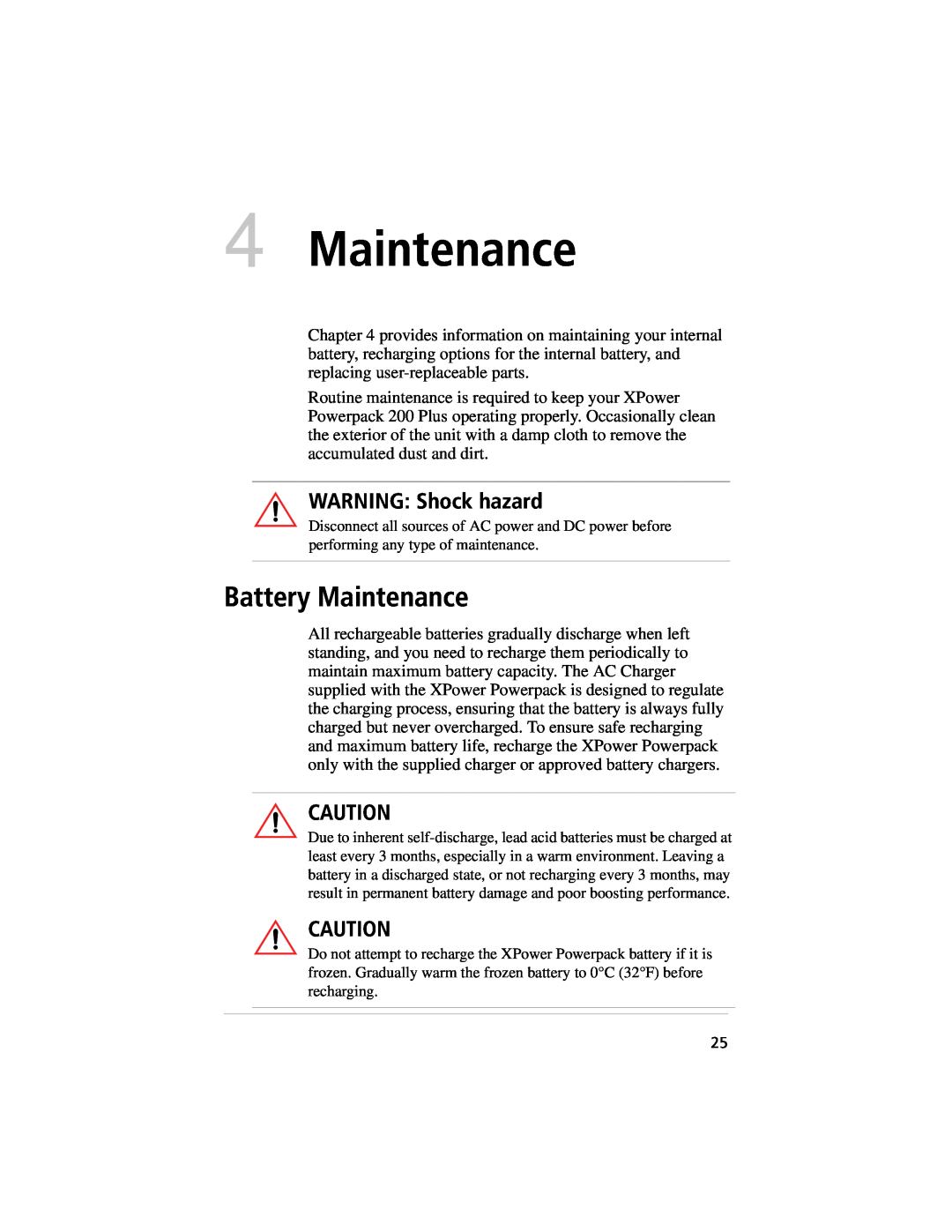 Xantrex Technology 400, 800 manual Battery Maintenance, WARNING Shock hazard 