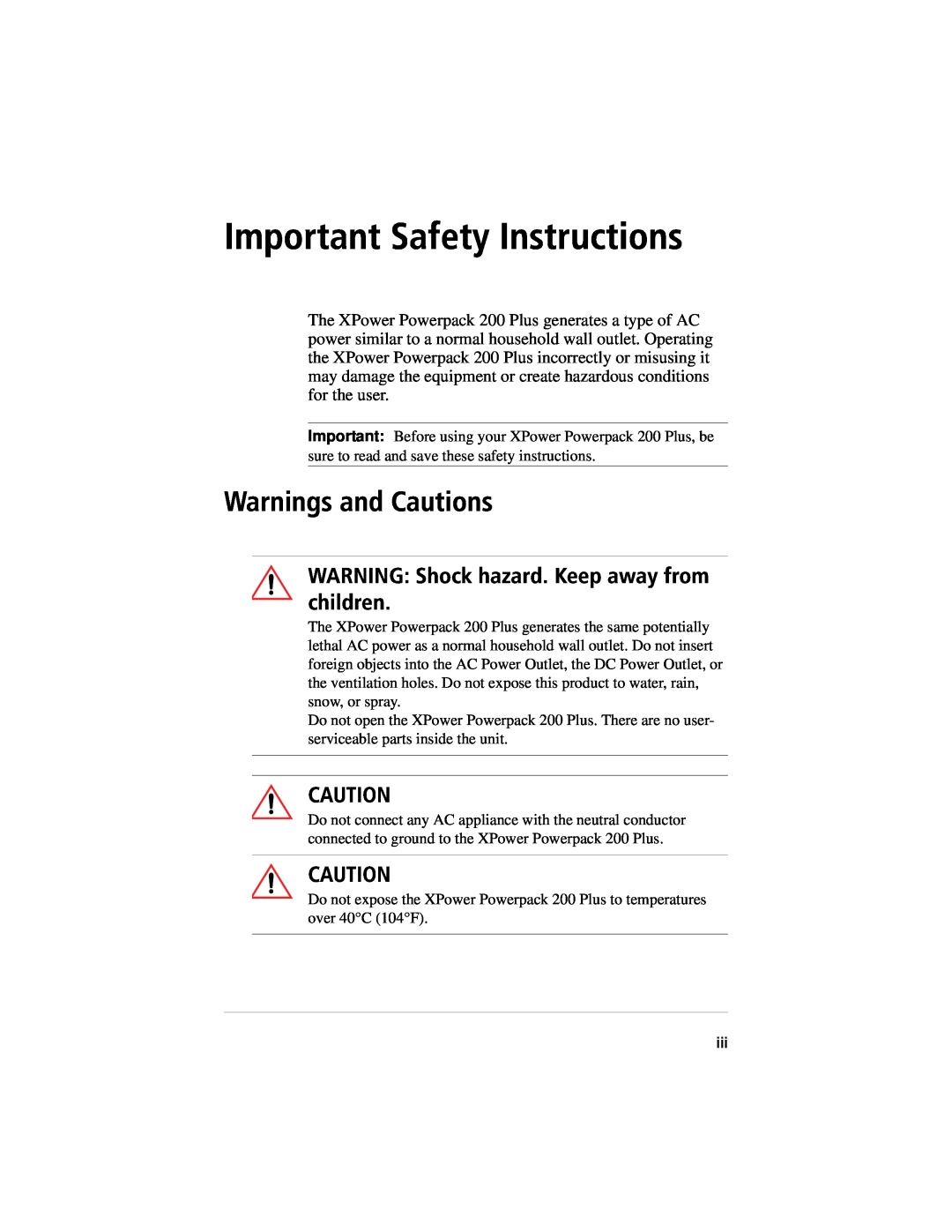 Xantrex Technology 400 Important Safety Instructions, Warnings and Cautions, WARNING Shock hazard. Keep away from children 