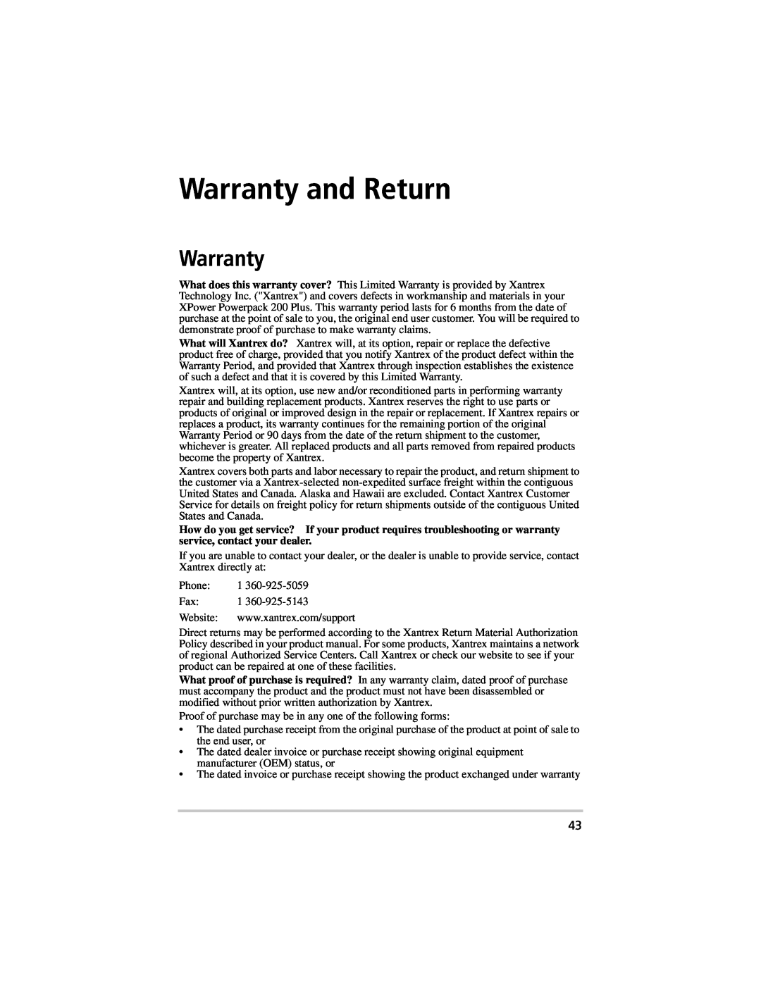 Xantrex Technology 400, 800 manual Warranty and Return 