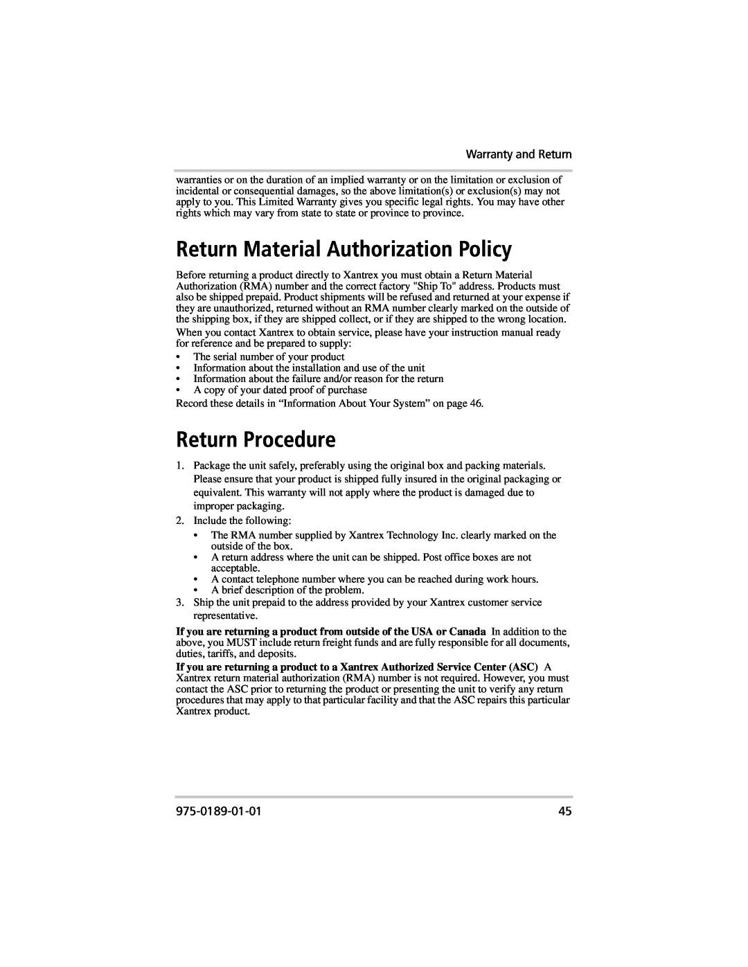 Xantrex Technology 400, 800 Return Material Authorization Policy, Return Procedure, Warranty and Return, 975-0189-01-01 