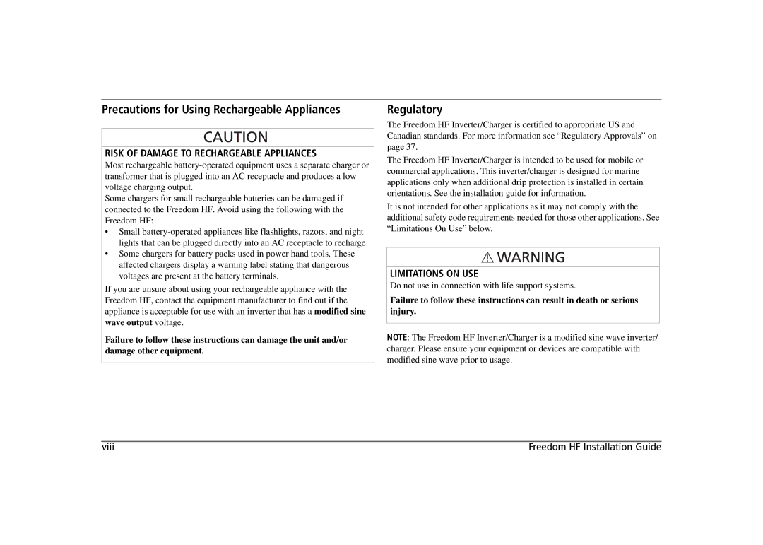 Xantrex Technology 806-1020, 806-1055 manual Precautions for Using Rechargeable Appliances, Regulatory, Limitations on USE 