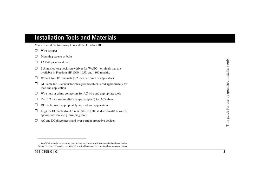 Xantrex Technology 806-1840-01, 806-1020, 806-1840-02, 806-1055-02 806-1840 manual Installation Tools and Materials 