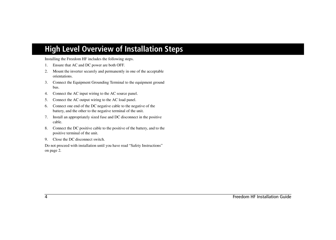 Xantrex Technology 806-1840-02, 806-1020, 806-1055, 806-1840-01 manual High Level Overview of Installation Steps 