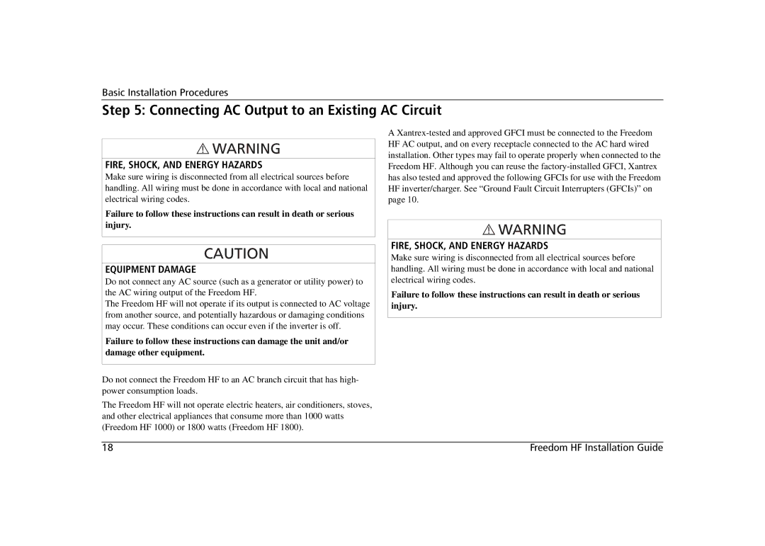 Xantrex Technology 806-1840-01, 806-1020 Connecting AC Output to an Existing AC Circuit, FIRE, SHOCK, and Energy Hazards 