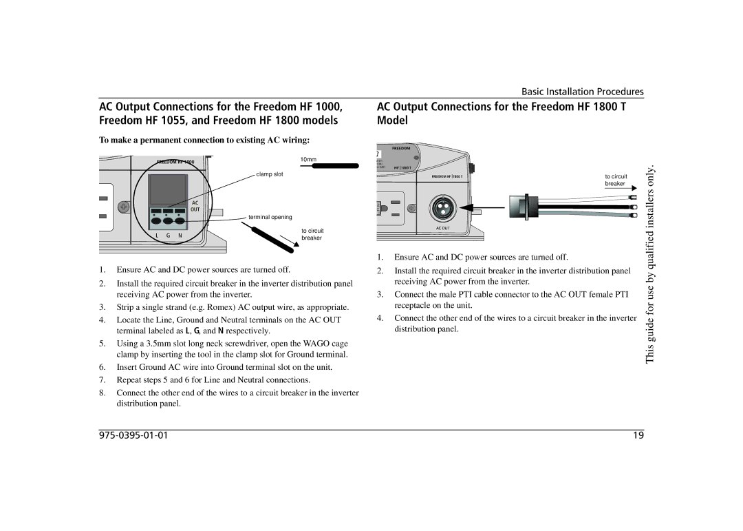 Xantrex Technology 806-1840-02, 806-1020, 806-1055, 806-1840-01 manual AC Output Connections for the Freedom HF 1800 T Model 