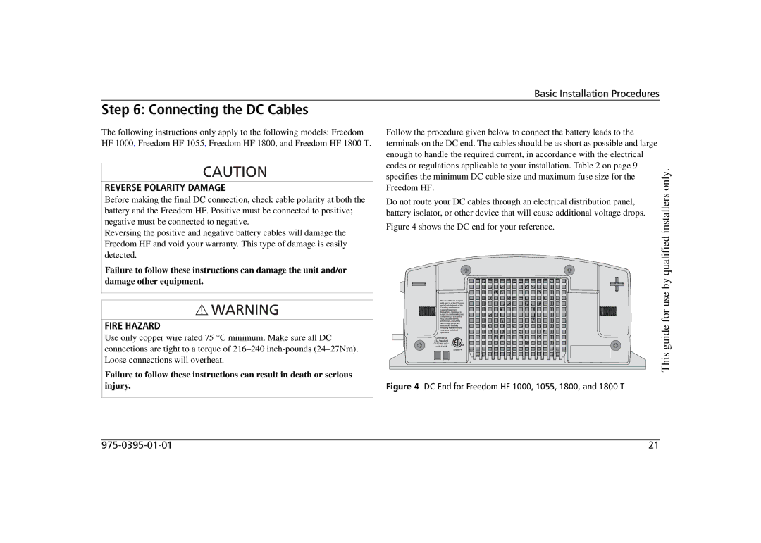 Xantrex Technology 806-1020, 806-1055 manual Connecting the DC Cables, DC End for Freedom HF 1000, 1055, 1800, and 1800 T 