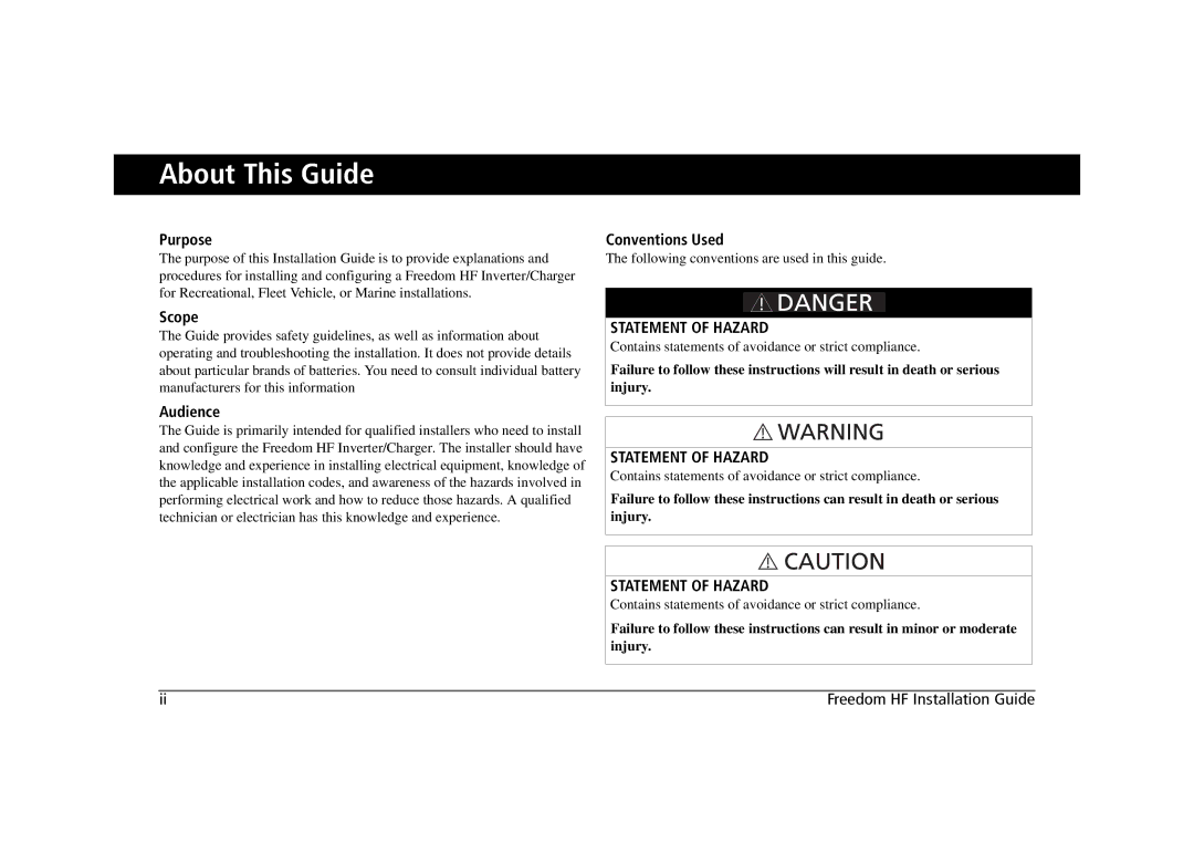 Xantrex Technology 806-1055-02 806-1840, 806-1020, 806-1840-01, 806-1840-02 manual About This Guide, Statement of Hazard 