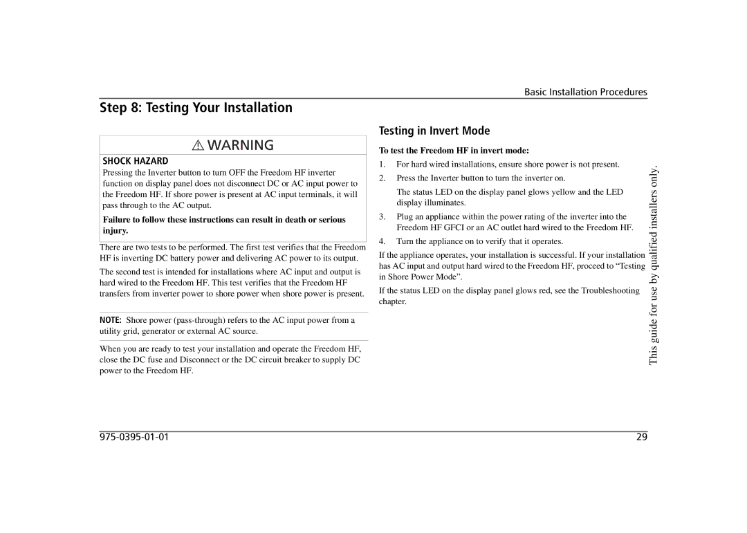 Xantrex Technology 806-1840-02 Testing Your Installation, Testing in Invert Mode, To test the Freedom HF in invert mode 