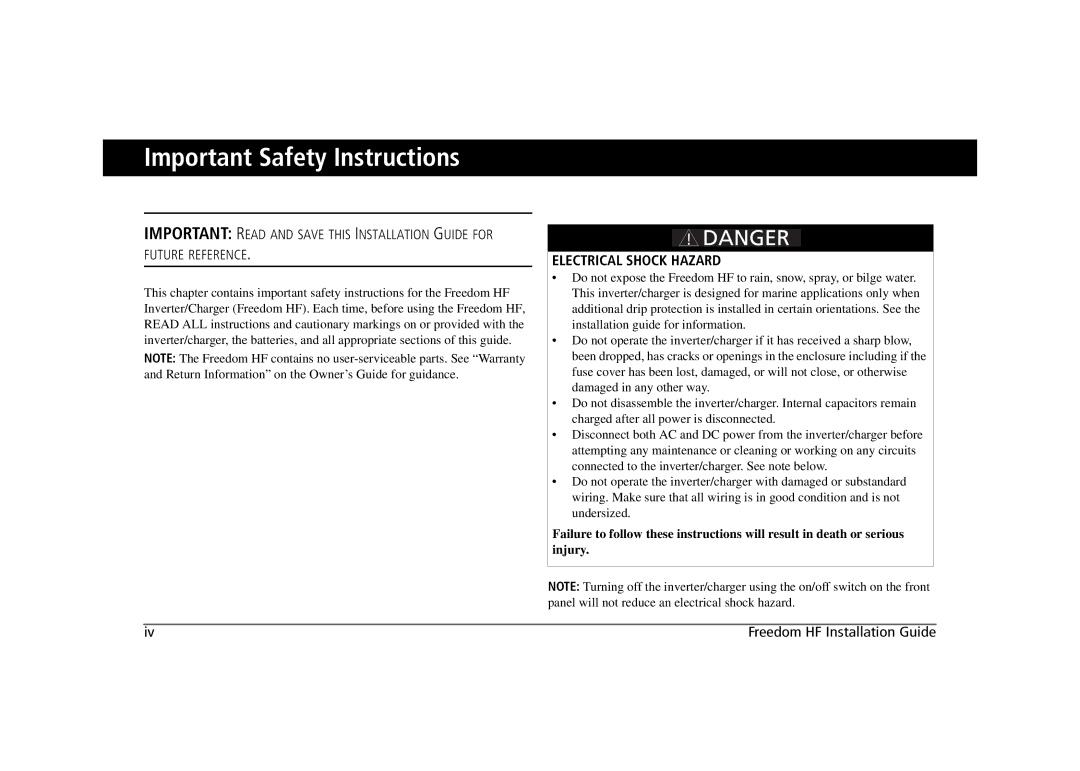 Xantrex Technology 806-1055, 806-1020, 806-1840-01, 806-1840-02 manual Important Safety Instructions, Electrical Shock Hazard 