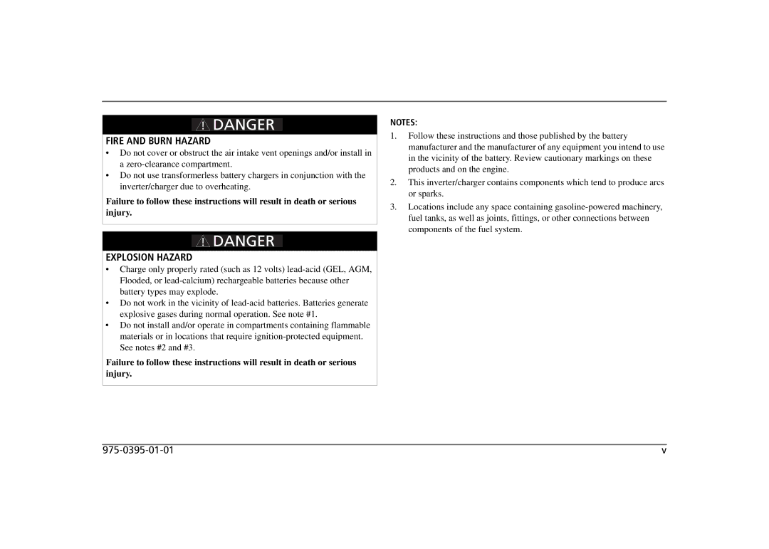 Xantrex Technology 806-1840-01, 806-1020, 806-1840-02, 806-1055-02 806-1840 manual Fire and Burn Hazard, Explosion Hazard 