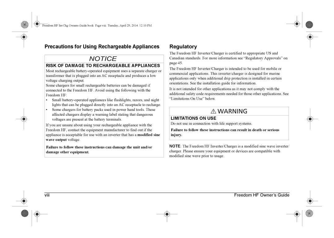 Xantrex Technology 806-1840, 806-1055-02, 806-1544, 806-1054-01 Precautions for Using Rechargeable Appliances, Regulatory 