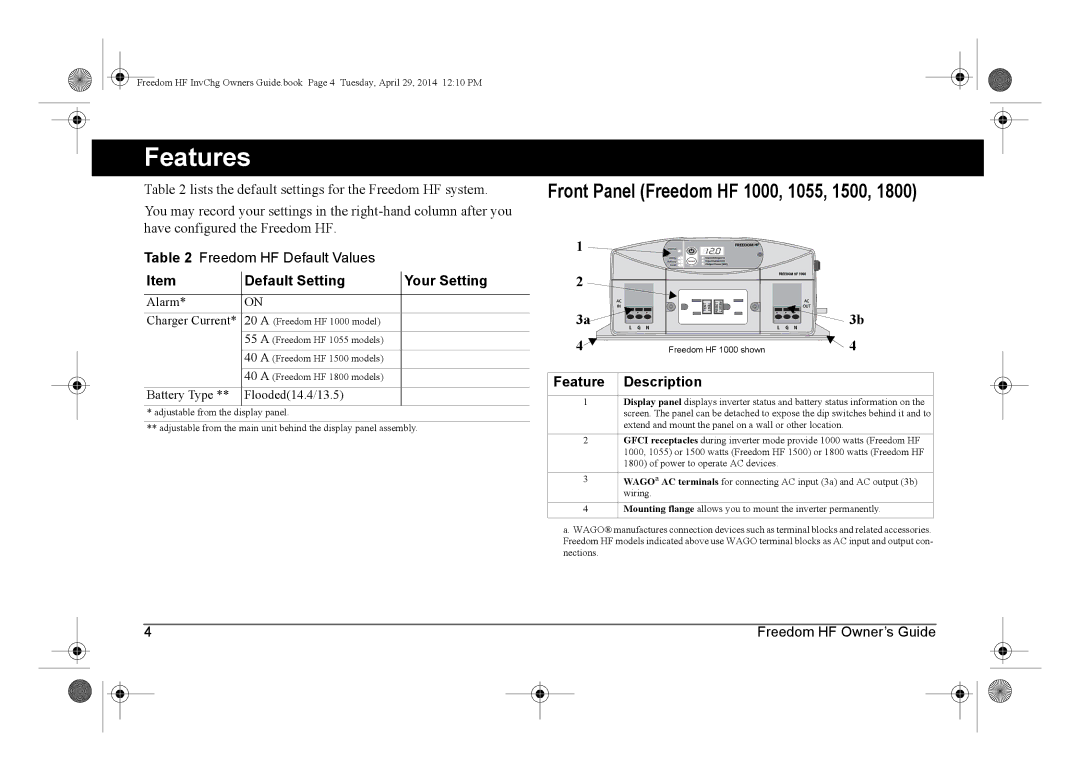 Xantrex Technology 806-1054-01, 806-1840 Features, Front Panel Freedom HF 1000, 1055, 1500, Default Setting Your Setting 