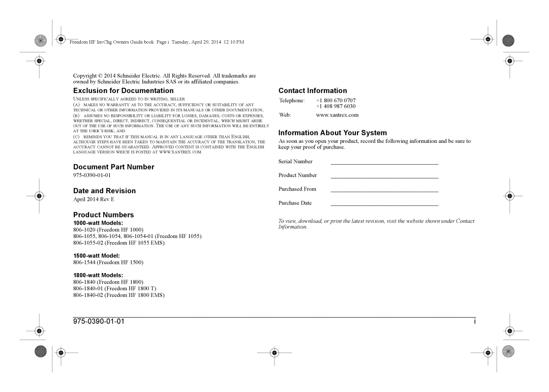 Xantrex Technology 806-1054-01 manual Exclusion for Documentation, Document Part Number, Date and Revision, Product Numbers 