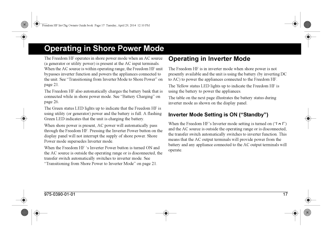 Xantrex Technology 806-1055-02, 806-1840, 806-1544, 806-1054-01 Operating in Shore Power Mode, Operating in Inverter Mode 