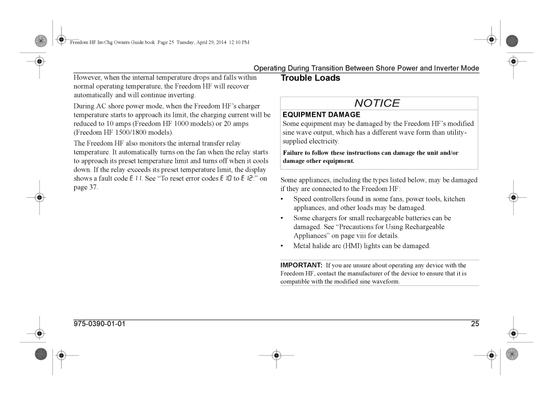 Xantrex Technology 806-1840, 806-1055-02, 806-1544, 806-1054-01 manual Trouble Loads, Equipment Damage 