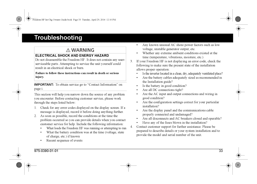 Xantrex Technology 806-1544, 806-1840, 806-1055-02, 806-1054-01 manual Troubleshooting, Electrical Shock and Energy Hazard 