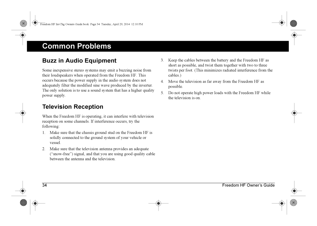 Xantrex Technology 806-1054-01, 806-1840, 806-1055-02 manual Common Problems, Buzz in Audio Equipment, Television Reception 