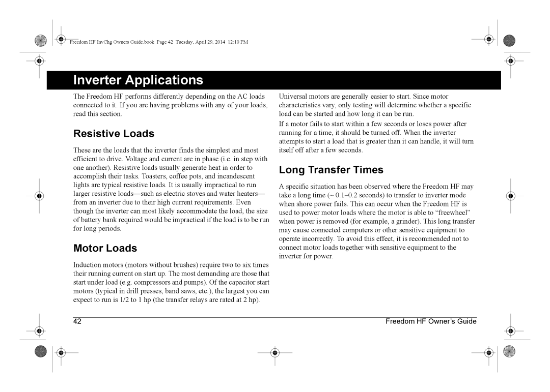 Xantrex Technology 806-1055-02, 806-1840, 806-1544 Inverter Applications, Resistive Loads, Motor Loads, Long Transfer Times 