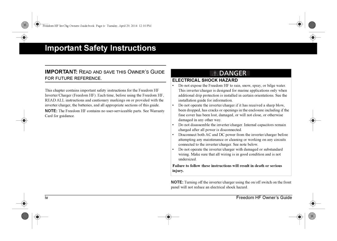 Xantrex Technology 806-1055-02, 806-1840, 806-1544, 806-1054-01 manual Important Safety Instructions, Electrical Shock Hazard 