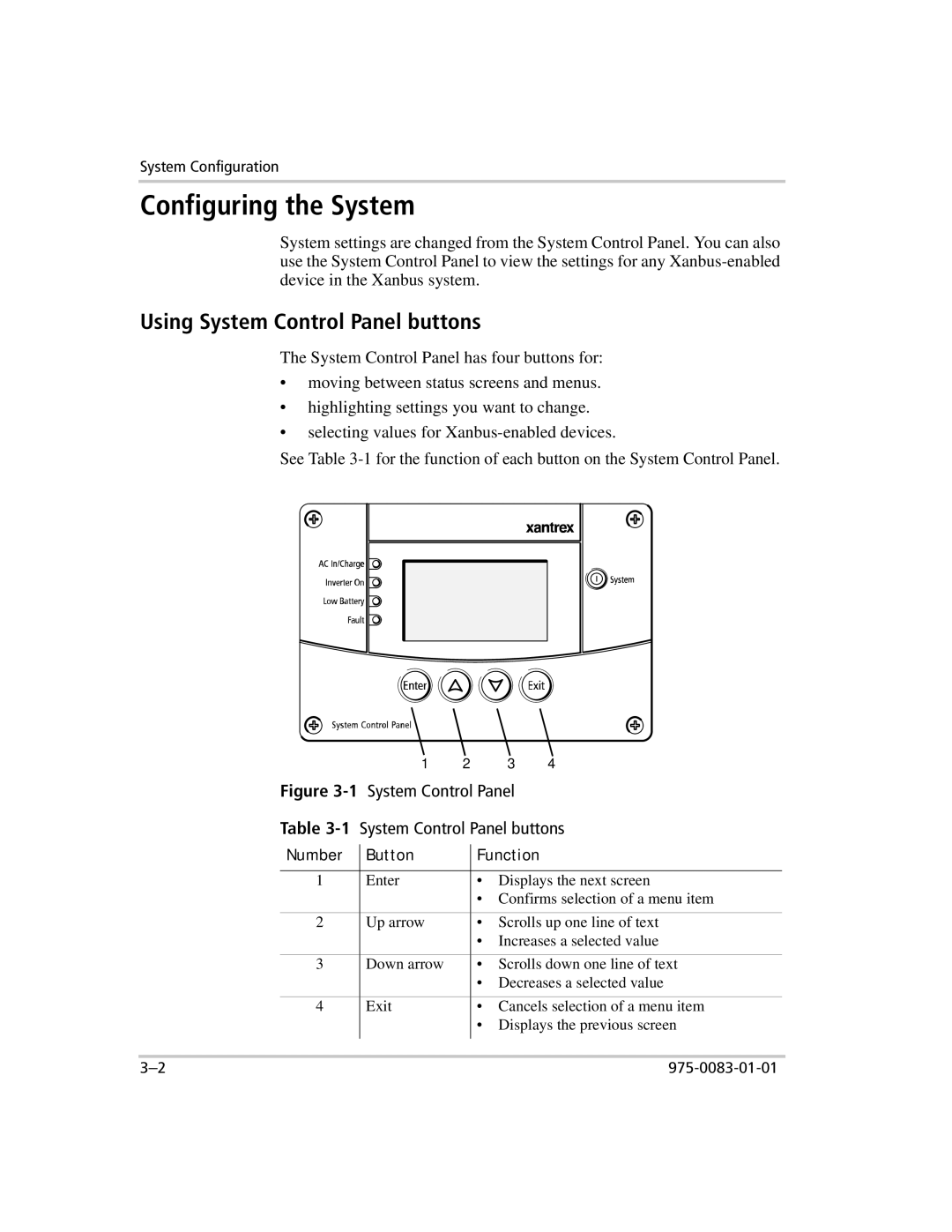 Xantrex Technology 809-0910 manual Configuring the System, Using System Control Panel buttons, Number Button Function 