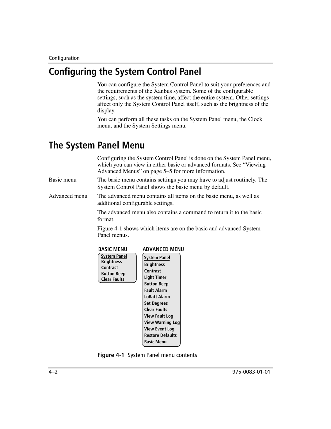 Xantrex Technology 809-0910 manual Configuring the System Control Panel, System Panel Menu 