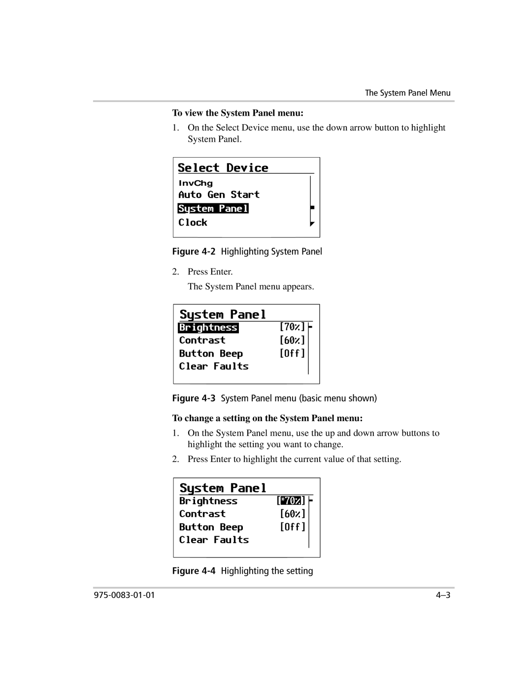 Xantrex Technology 809-0910 manual To view the System Panel menu, To change a setting on the System Panel menu 