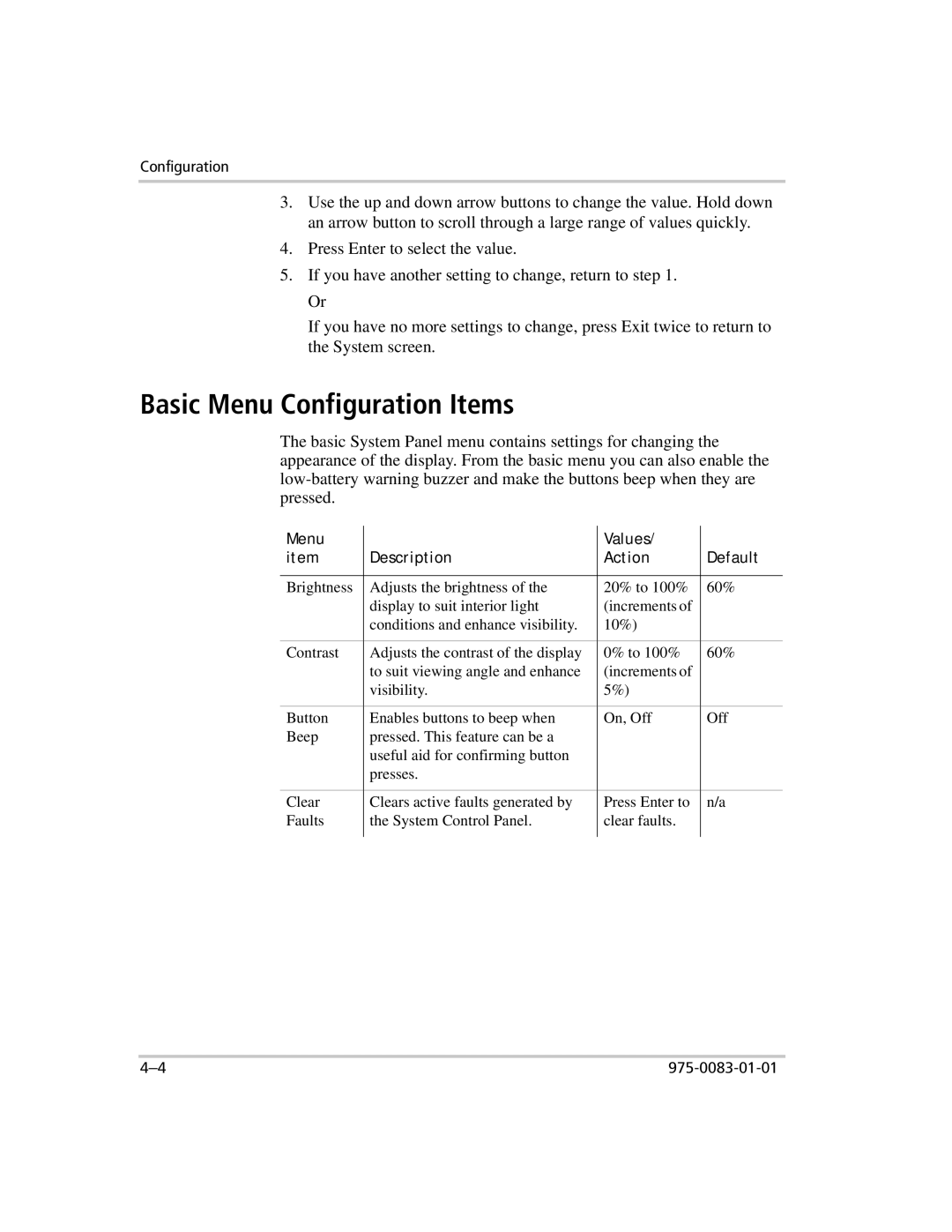 Xantrex Technology 809-0910 manual Basic Menu Configuration Items, Menu Values Description Action Default 