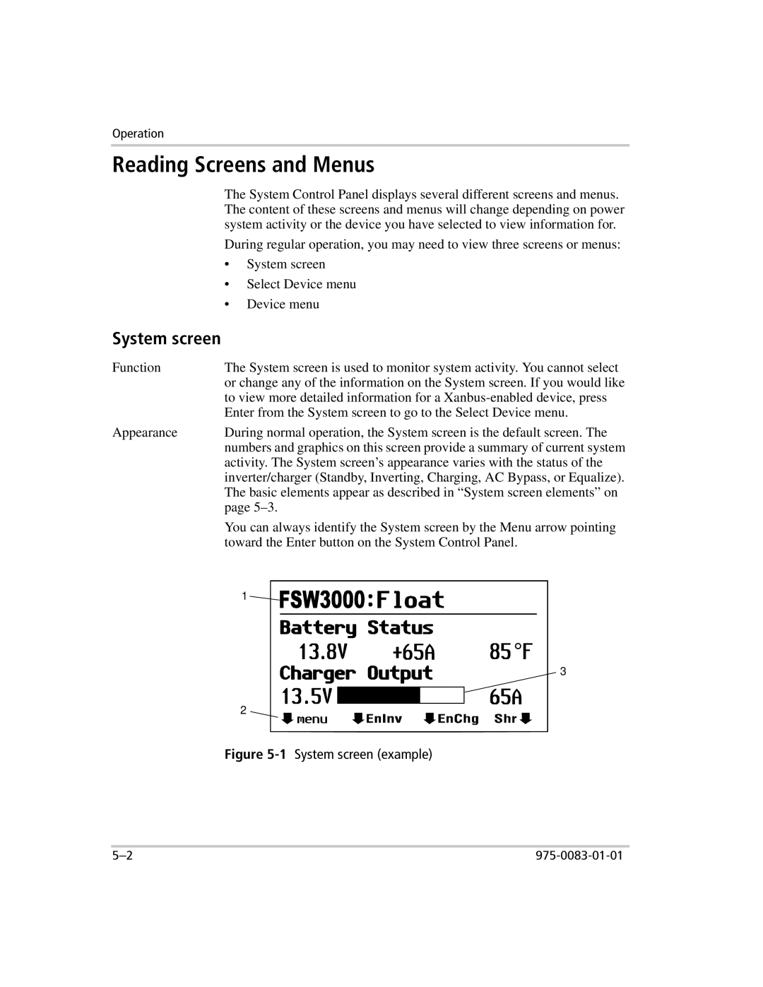 Xantrex Technology 809-0910 manual Reading Screens and Menus, System screen 