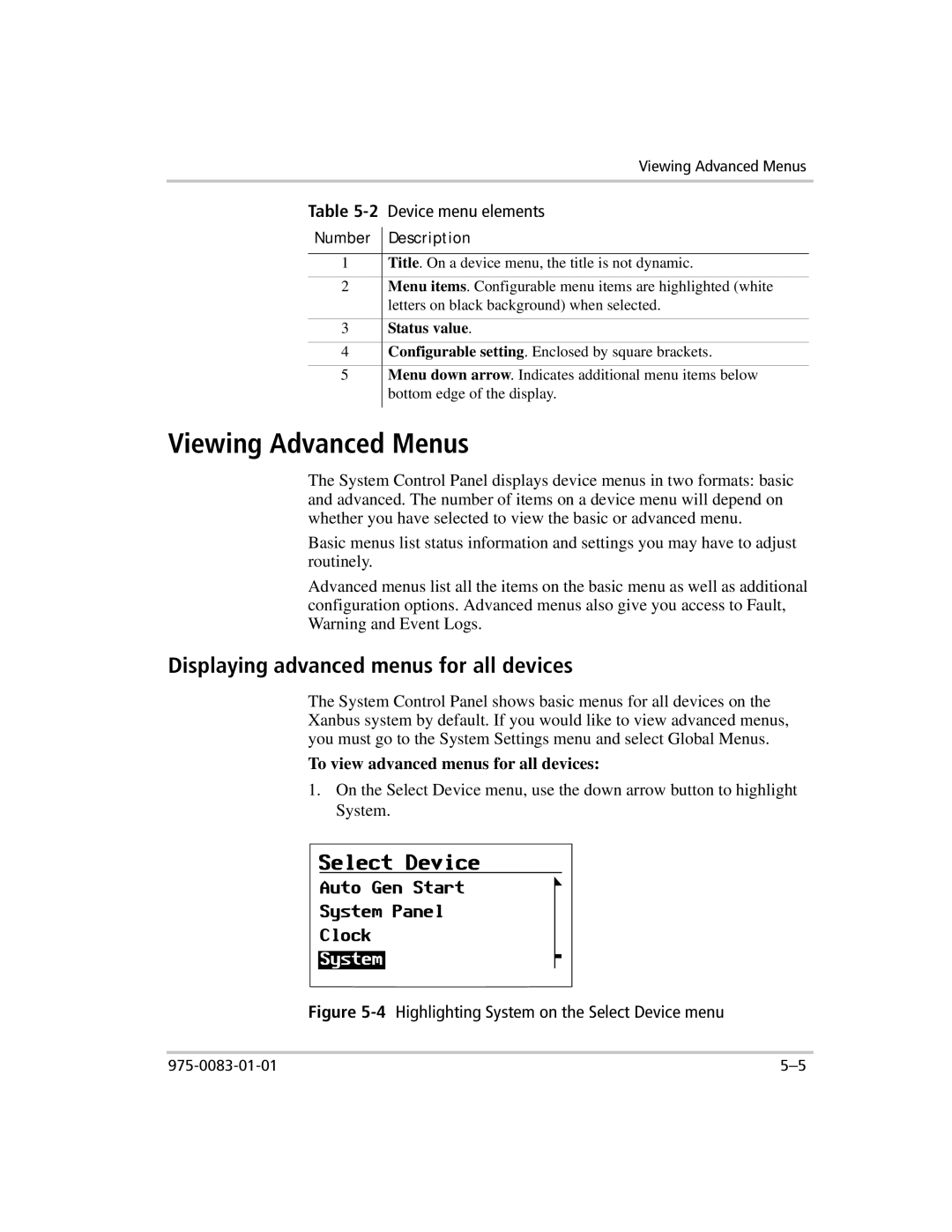 Xantrex Technology 809-0910 manual Viewing Advanced Menus, Displaying advanced menus for all devices 