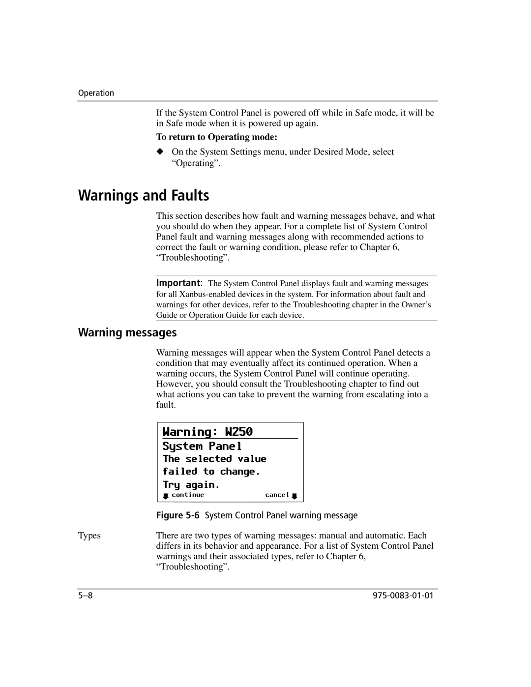 Xantrex Technology 809-0910 manual To return to Operating mode, System Control Panel warning message 