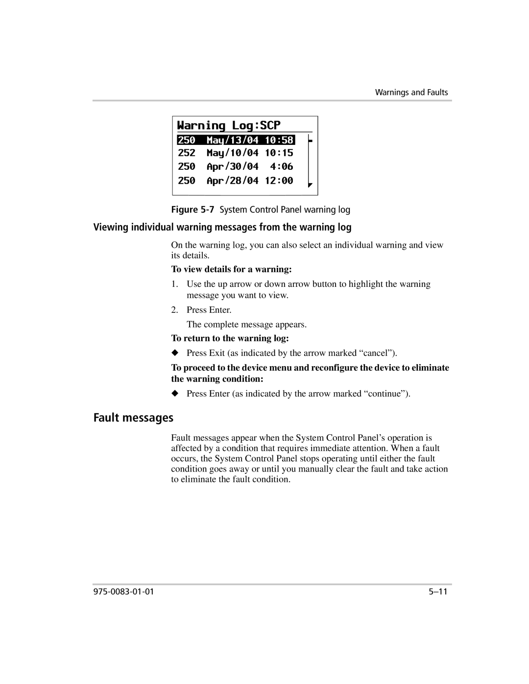 Xantrex Technology 809-0910 manual Fault messages, To view details for a warning, To return to the warning log 