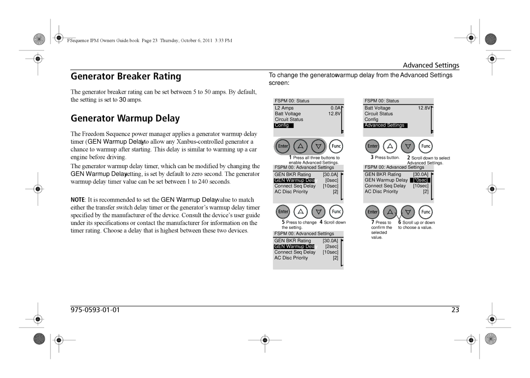 Xantrex Technology 809-0912 manual Generator Breaker Rating, Generator Warmup Delay, Screen, GEN Warmup Delay, 0sec 