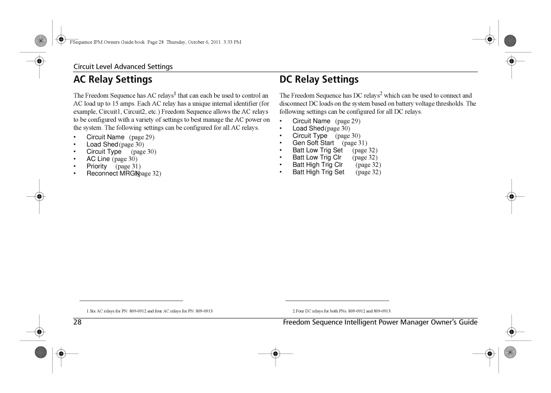 Xantrex Technology 809-0912 manual AC Relay Settings, DC Relay Settings 