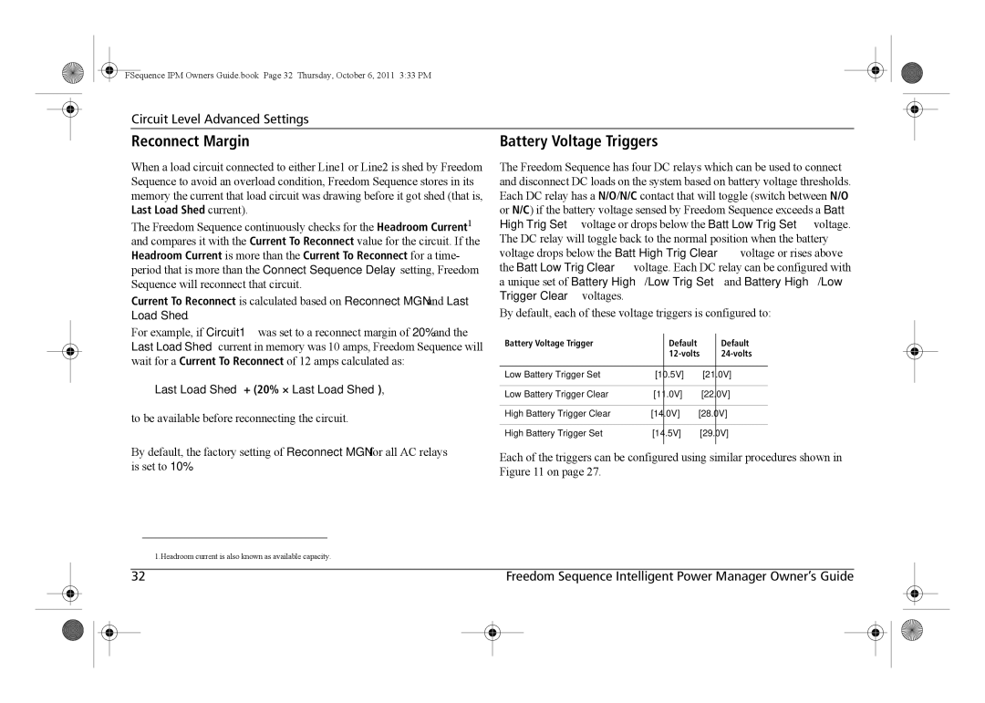 Xantrex Technology 809-0912 manual Reconnect Margin, Battery Voltage Triggers 