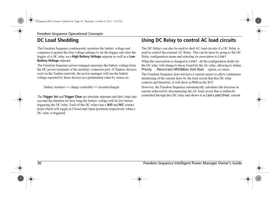 Xantrex Technology 809-0912 manual DC Load Shedding, Using DC Relay to control AC load circuits 