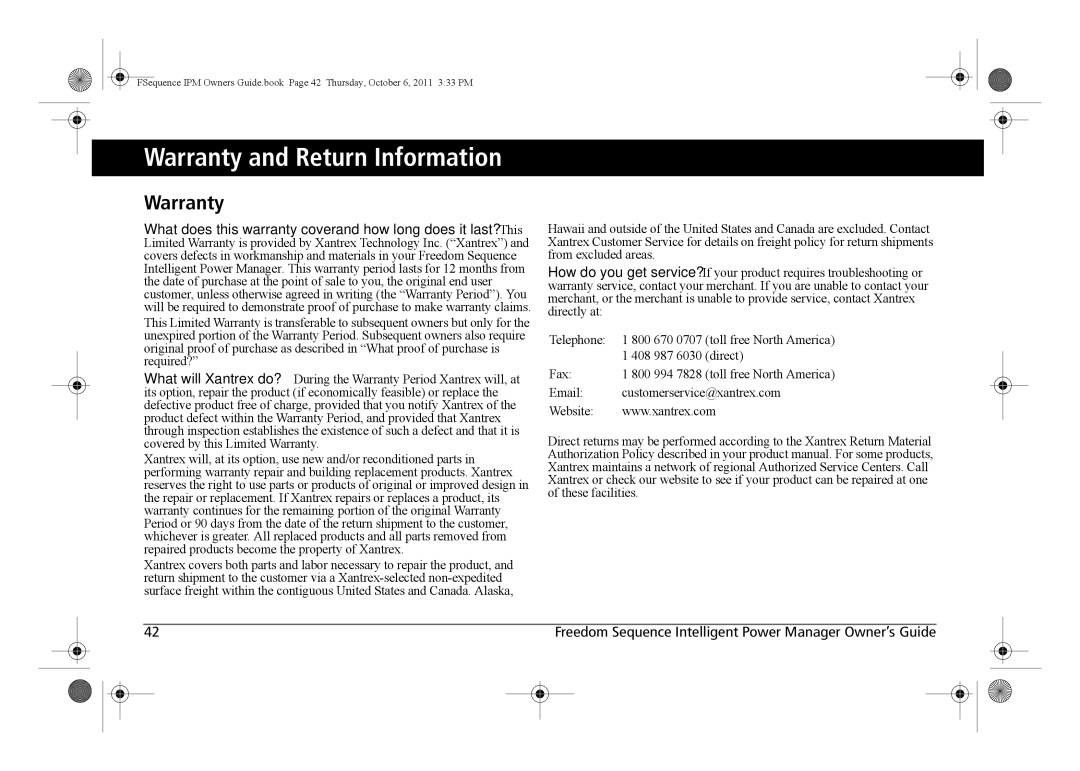 Xantrex Technology 809-0912 manual Warranty and Return Information 