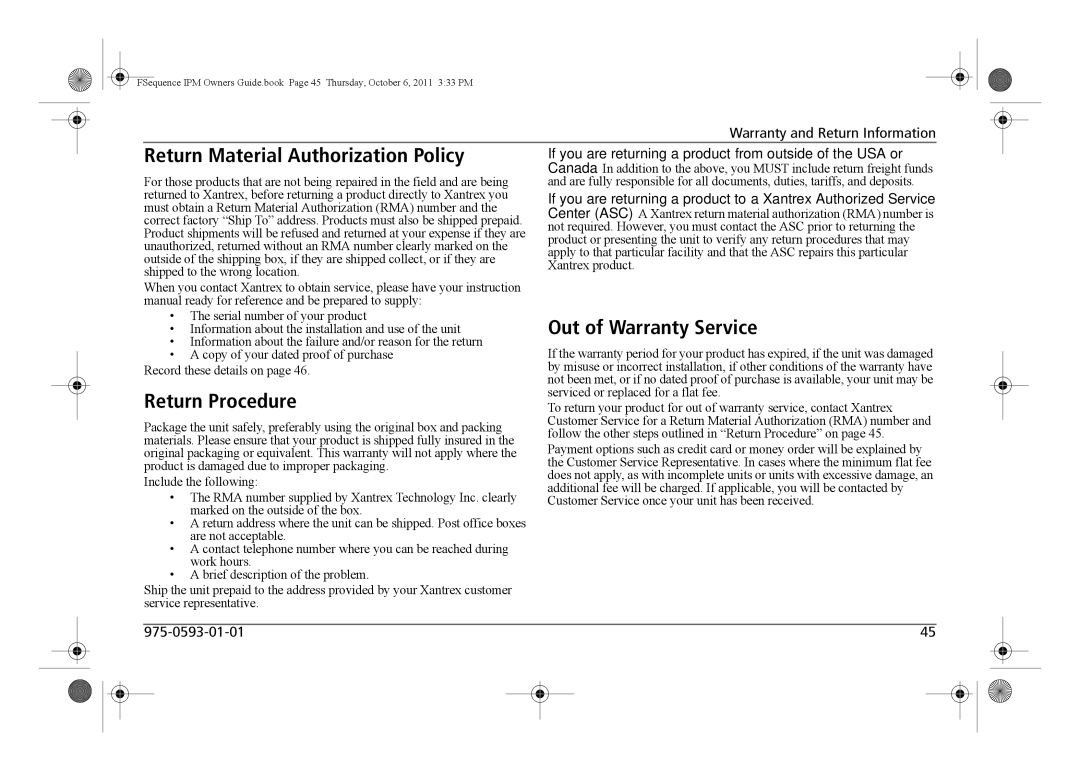 Xantrex Technology 809-0912 manual Return Material Authorization Policy, Out of Warranty Service, Return Procedure 