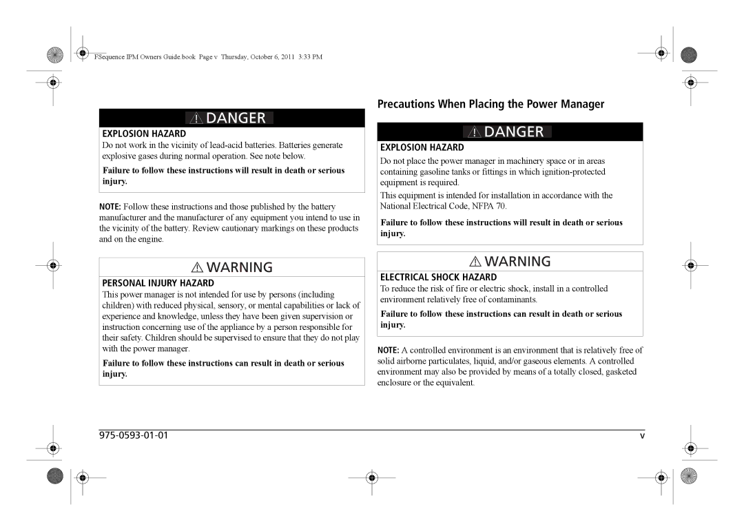 Xantrex Technology 809-0912 manual Precautions When Placing the Power Manager, Explosion Hazard 