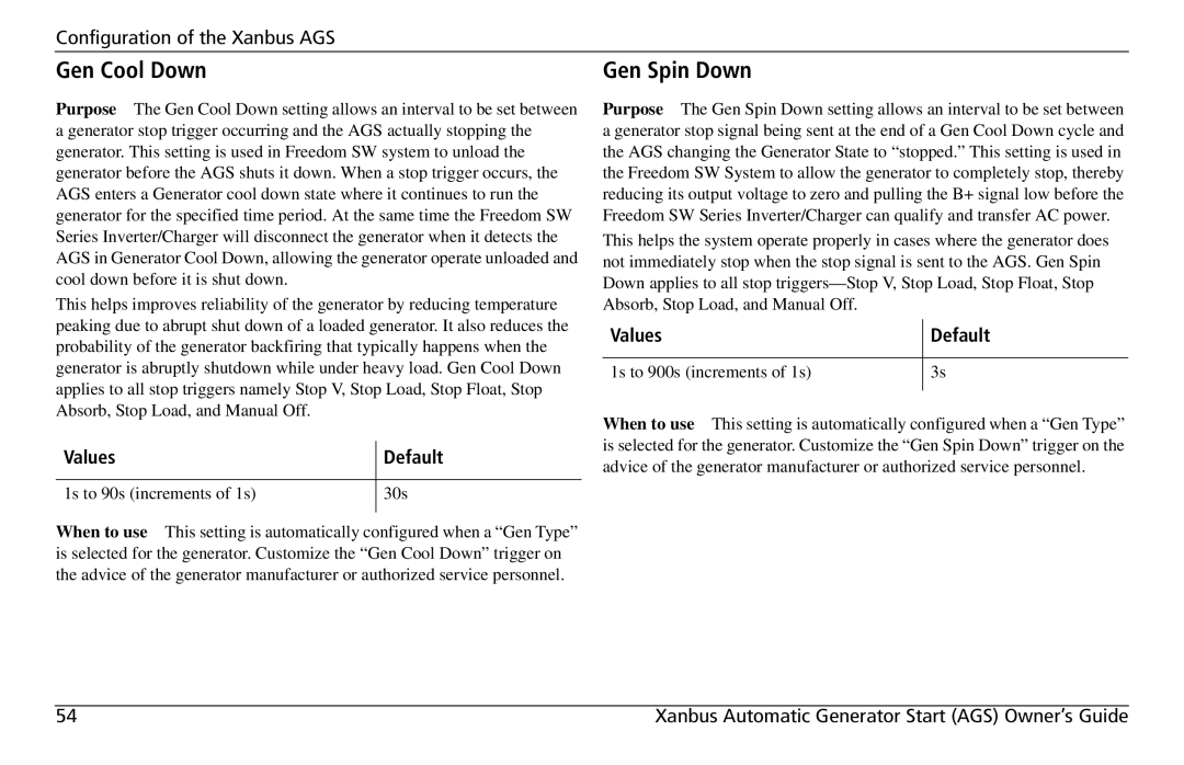 Xantrex Technology 809-0915 manual Gen Cool Down, Gen Spin Down 