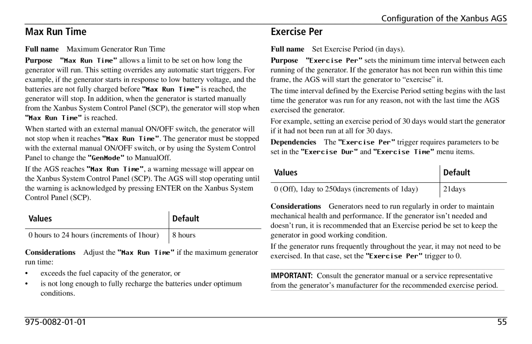 Xantrex Technology 809-0915 manual Max Run Time, Exercise Per 