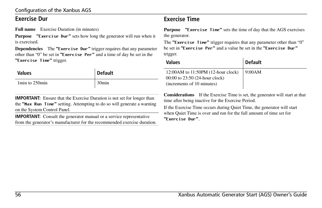 Xantrex Technology 809-0915 manual Exercise Dur, Exercise Time 